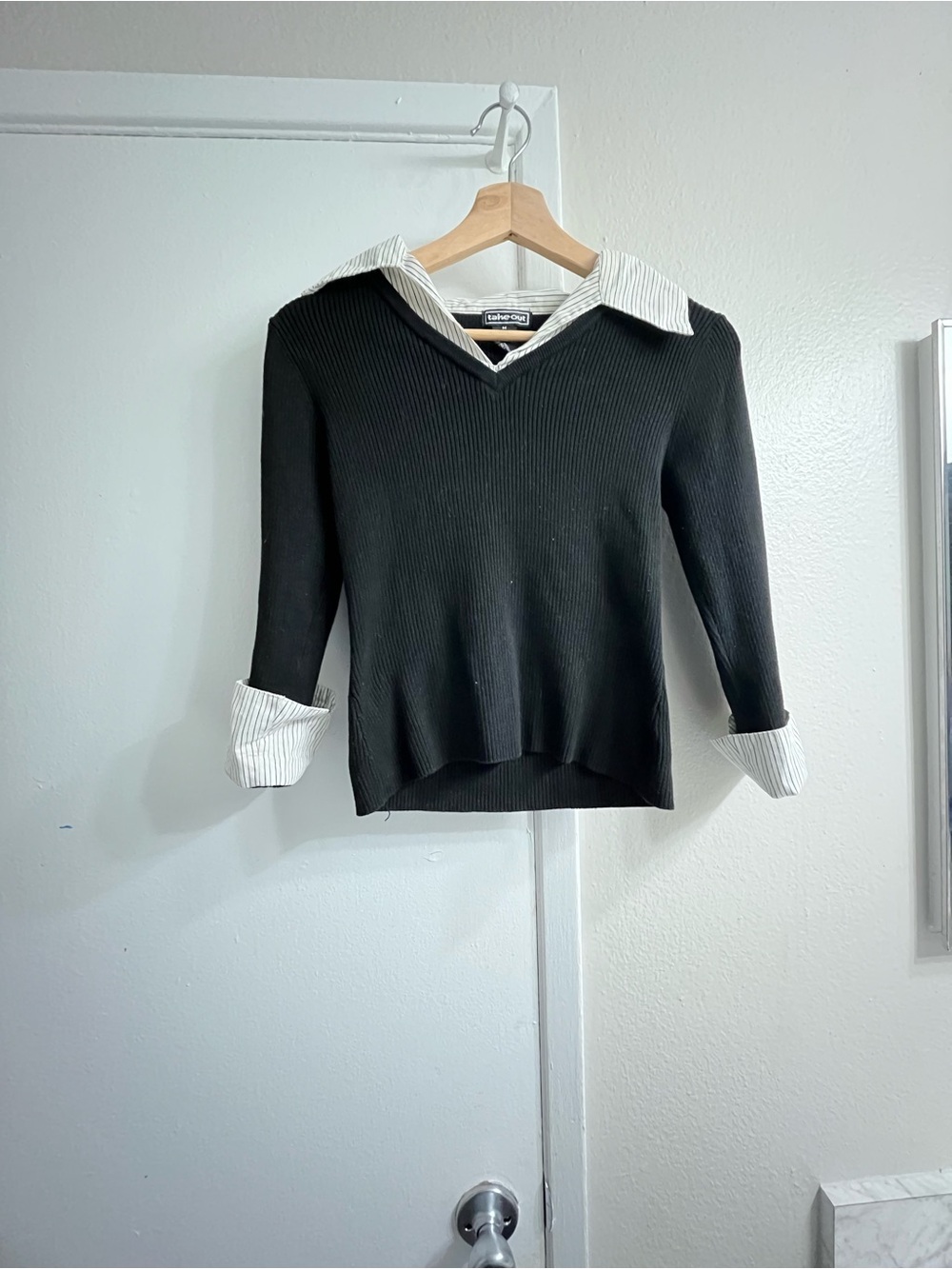 Dkny Black Sweater with White Contrast Collar and Cuffs